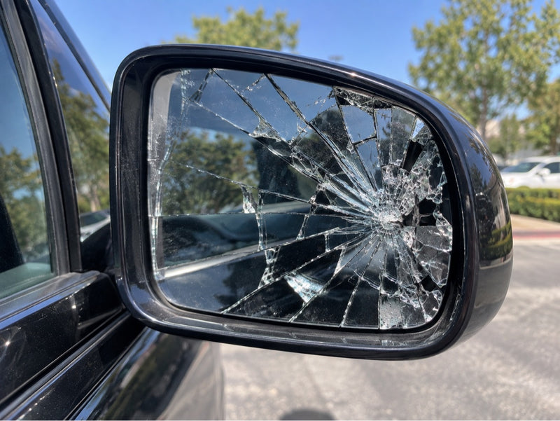 Broken car side mirror before mirror replacement